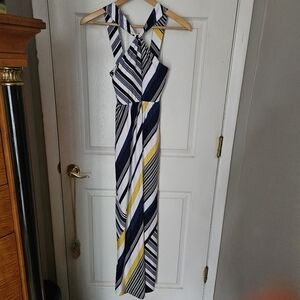 Striped Maxi Dress with Yellow and Blue Accents